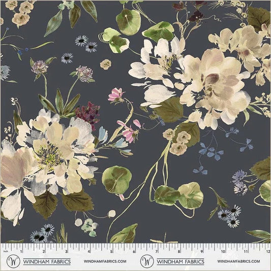 A closeup shot of the quilting fabric pattern called Peony Garden, designed by Kelly Ventura, in the indigo colorway. The SKU is 54872DW-7DES.