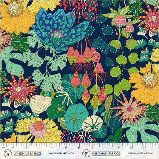 Peony Park Indigo quilting fabric, part of the Sunshine fabric collection by Sally Kelly (SKU: 54974D-1)