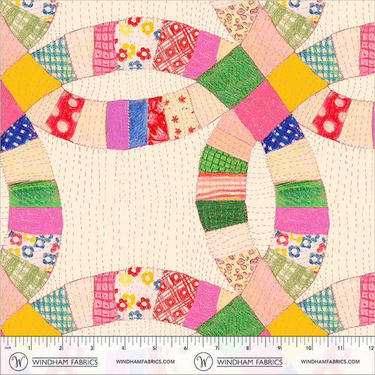 Double Wedding Rings Cream quilting fabric, part of the Boat Race fabric collection by Heather Ross (SKU: 55601D-1 Cream)