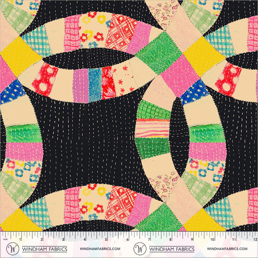 Double Wedding Rings Deep Mud quilting fabric, part of the Boat Race fabric collection by Heather Ross (SKU: 55601D-2 Deep Mud)