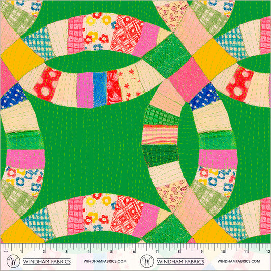 Double Wedding Rings Jade quilting fabric, part of the Boat Race fabric collection by Heather Ross (SKU: 55601D-3 Jade)