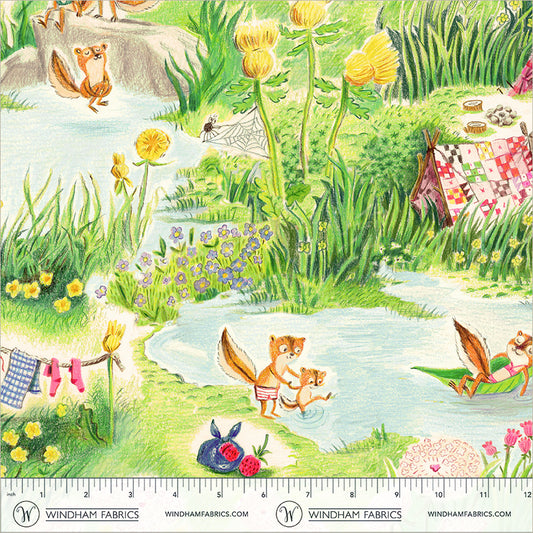 Chipmunks Camping quilting fabric, part of the Boat Race fabric collection by Heather Ross (SKU: 55602D-5 Multi)