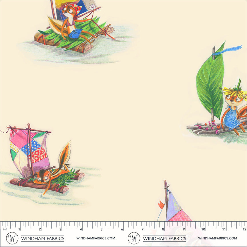 Stick Boats in Ivory quilting fabric, part of the Boat Race fabric collection by Heather Ross (SKU: 55604D-9 Ivory)