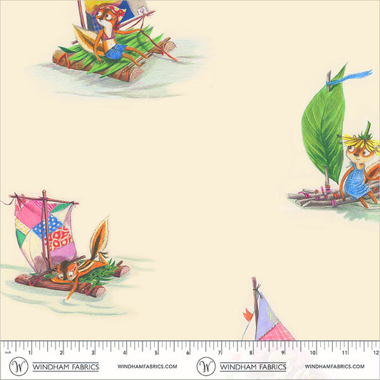 Stick Boats in Ivory quilting fabric, part of the Boat Race fabric collection by Heather Ross (SKU: 55604D-9 Ivory)