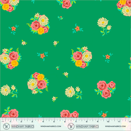 Denyse Floral in Green quilting fabric, part of the Boat Race fabric collection by Heather Ross (SKU: 55606D-12 Green)