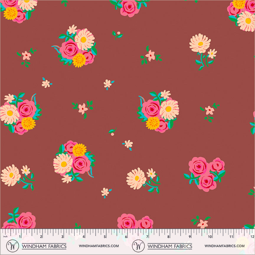Denyse Floral in Brown quilting fabric, part of the Boat Race fabric collection by Heather Ross (SKU: 55606D-6 Brown)