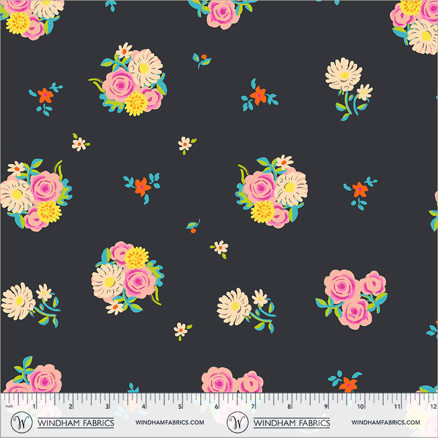 Denyse Floral in Soot quilting fabric, part of the Boat Race fabric collection by Heather Ross (SKU: 55606D-8 Soot)