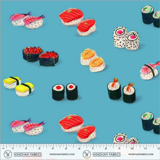 Sushi Blue Cotton Lawn quilting fabric, part of the Market fabric collection by Heather Ross (SKU: 55797L-1 Blue)