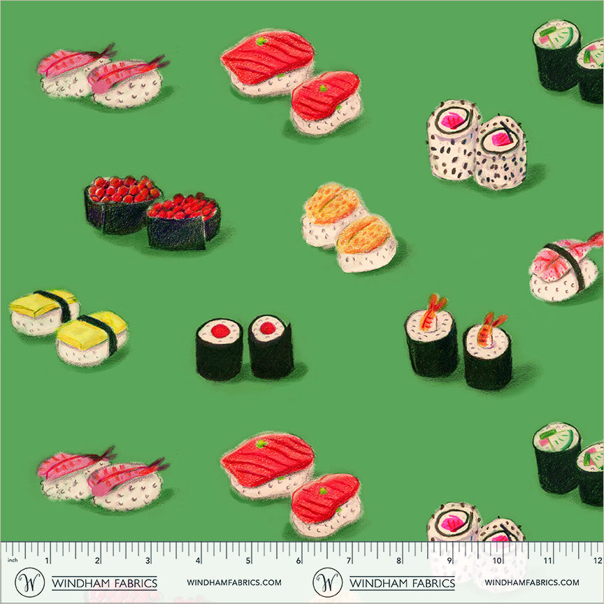 Sushi Green Cotton Lawn quilting fabric, part of the Market fabric collection by Heather Ross (SKU: 55797L-2 Green)