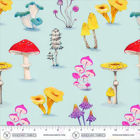 Mushrooms Aqua cotton lawn quilting fabric, part of the Market fabric collection by Heather Ross (SKU: 55799L-6 Aqua)