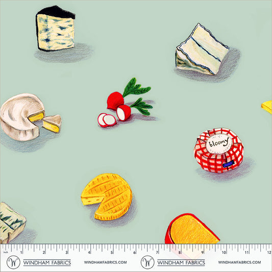 Cheeses Matcha cotton lawn quilting fabric, part of the Market fabric collection by Heather Ross (SKU: 55800L-9 Matcha)