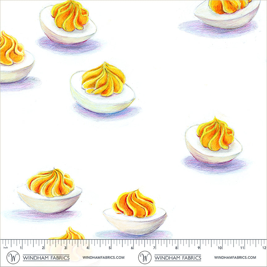 Deviled Eggs White cotton lawn quilting fabric, part of the Market fabric collection by Heather Ross (SKU: 55801L-11 White)