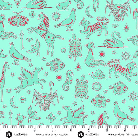 Cotton quilting fabric pattern called 'Philately in Aqua'. Part of the 'Postmark' fabric collection. Designed by Alison Glass for fabric company Andover Fabrics. SKU: A-1127-T. 44-45 inch width.