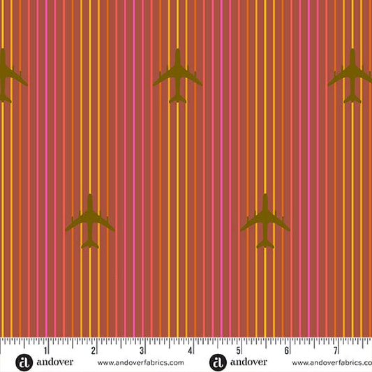 Cotton quilting fabric pattern called 'Air Mail in Amber'. Part of the 'Postmark' fabric collection. Designed by Alison Glass for fabric company Andover Fabrics. SKU: A-1128-O. 44-45 inch width.
