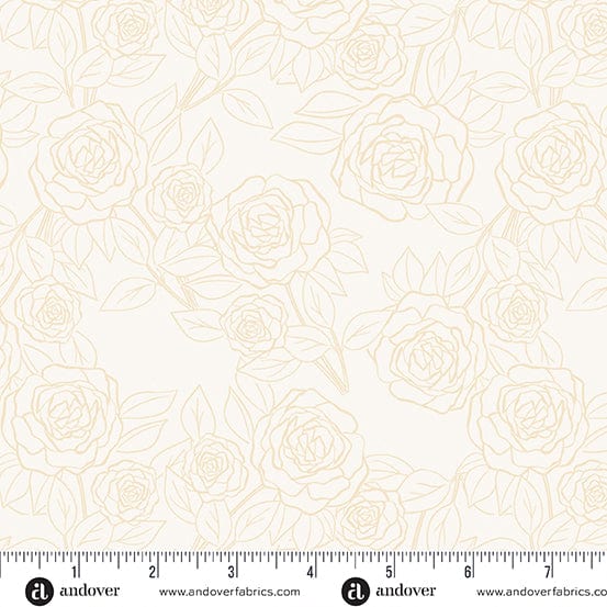 Cotton quilting fabric pattern called 'Rose Bloom in Cream'. Part of the 'Color Me Pretty' fabric collection. Designed by Stephanie Organes for fabric company Andover Fabrics. SKU: A-1179-LN. 44-45 inch width.