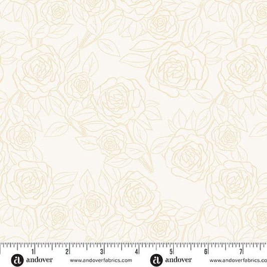 Cotton quilting fabric pattern called 'Rose Bloom in Cream'. Part of the 'Color Me Pretty' fabric collection. Designed by Stephanie Organes for fabric company Andover Fabrics. SKU: A-1179-LN. 44-45 inch width.