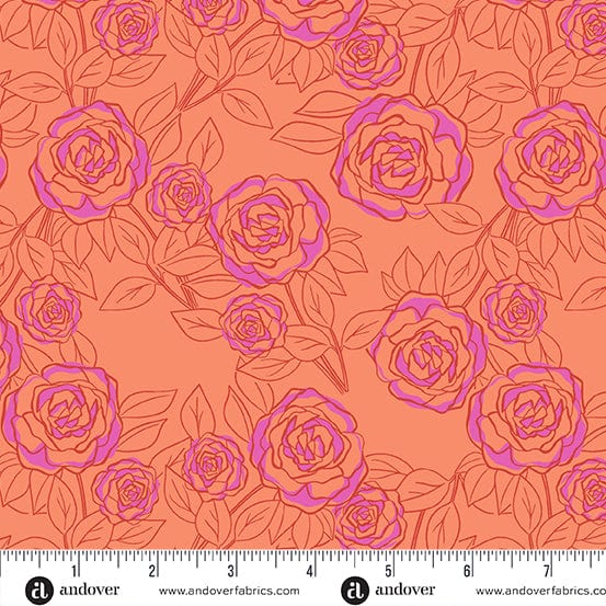 Cotton quilting fabric pattern called 'Rose Bloom in Coral'. Part of the 'Color Me Pretty' fabric collection. Designed by Stephanie Organes for fabric company Andover Fabrics. SKU: A-1179-O. 44-45 inch width.