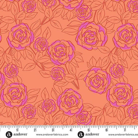Cotton quilting fabric pattern called 'Rose Bloom in Coral'. Part of the 'Color Me Pretty' fabric collection. Designed by Stephanie Organes for fabric company Andover Fabrics. SKU: A-1179-O. 44-45 inch width.