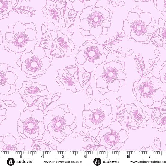 Cotton quilting fabric pattern called 'Botanica in Violet'. Part of the 'Color Me Pretty' fabric collection. Designed by Stephanie Organes for fabric company Andover Fabrics. SKU: A-1181-LP. 44-45 inch width.