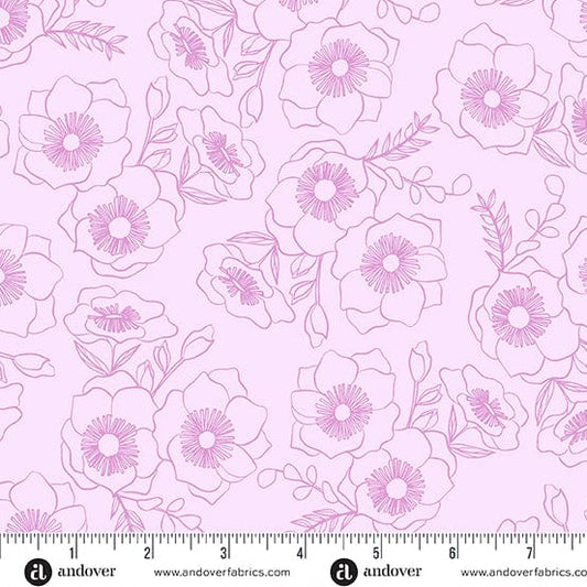 Cotton quilting fabric pattern called 'Botanica in Violet'. Part of the 'Color Me Pretty' fabric collection. Designed by Stephanie Organes for fabric company Andover Fabrics. SKU: A-1181-LP. 44-45 inch width.