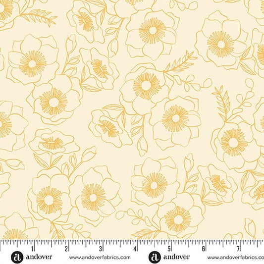 Cotton quilting fabric pattern called 'Botanica in Saffron'. Part of the 'Color Me Pretty' fabric collection. Designed by Stephanie Organes for fabric company Andover Fabrics. SKU: A-1181-LY. 44-45 inch width.