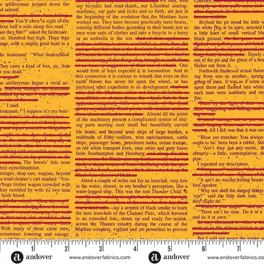 Cotton quilting fabric pattern called 'Redacted Redux in Mango'. Part of the 'Scrawl' fabric collection. Designed by Giucy Giuce for fabric company Andover Fabrics. SKU: A-1213-O. 44-45 inch width.