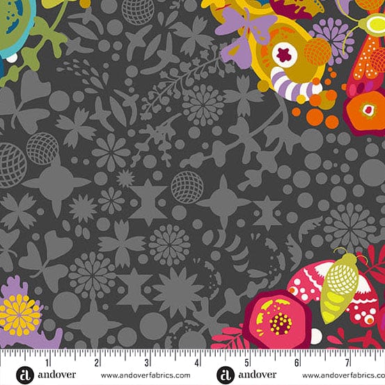 A closeup shot of the quilting fabric pattern called Night Art Theory, designed by Alison Glass as part of the Color Wheel collection. The SKU is A-1442-K.
