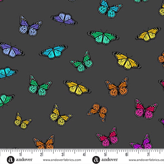 A closeup shot of the quilting fabric pattern called Night Butterfly Rainbow, designed by Alison Glass as part of the Color Wheel collection. The SKU is A-1443-K.