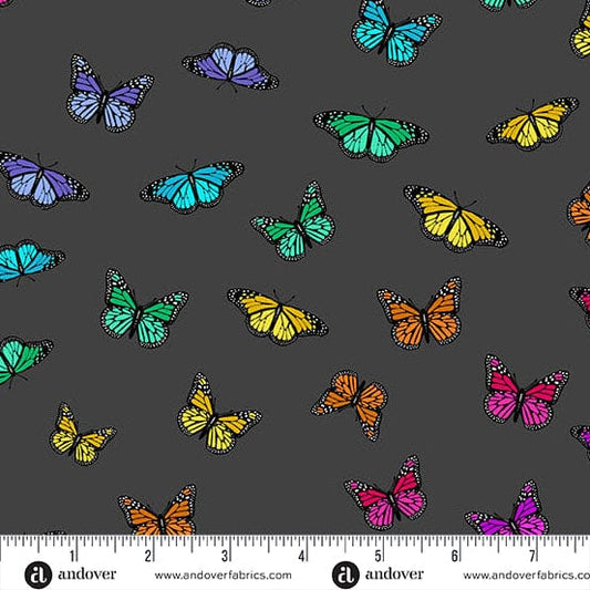 A closeup shot of the quilting fabric pattern called Night Butterfly Rainbow, designed by Alison Glass as part of the Color Wheel collection. The SKU is A-1443-K.