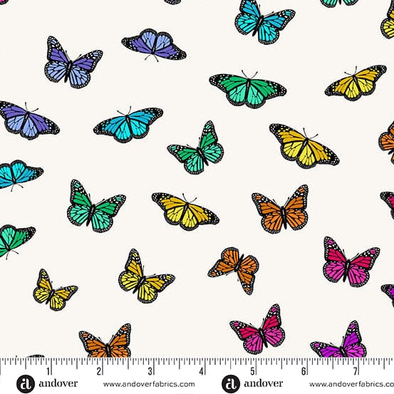 A closeup shot of the quilting fabric pattern called Day Butterfly Rainbow, designed by Alison Glass as part of the Color Wheel collection. The SKU is A-1443-L.