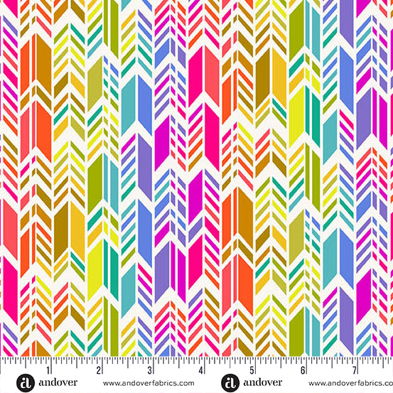 A closeup shot of the quilting fabric pattern called Day Spectrum Feathers, designed by Alison Glass as part of the Color Wheel collection. The SKU is A-1445-L.