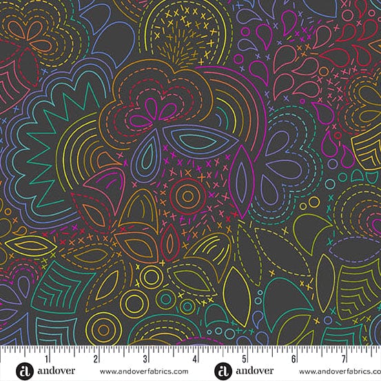 A closeup shot of the quilting fabric pattern called Night Rainbow Stitched, designed by Alison Glass as part of the Color Wheel collection. The SKU is A-1446-K.