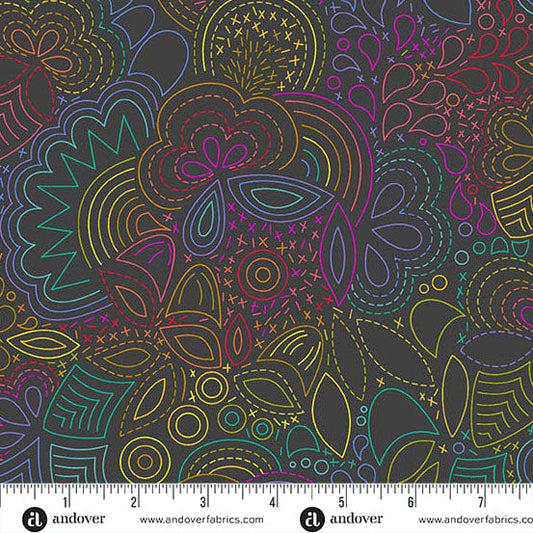 A closeup shot of the quilting fabric pattern called Night Rainbow Stitched, designed by Alison Glass as part of the Color Wheel collection. The SKU is A-1446-K.