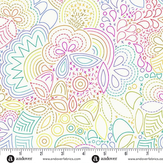 A closeup shot of the quilting fabric pattern called Day Rainbow Stitched, designed by Alison Glass as part of the Color Wheel collection. The SKU is A-1446-L.
