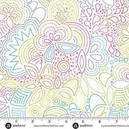A closeup shot of the quilting fabric pattern called Day Rainbow Stitched, designed by Alison Glass as part of the Color Wheel collection. The SKU is A-1446-L.