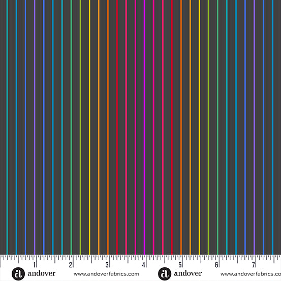 A closeup shot of the quilting fabric pattern called Night Spectrum Stripe, designed by Alison Glass as part of the Color Wheel collection. The SKU is A-1447-K.