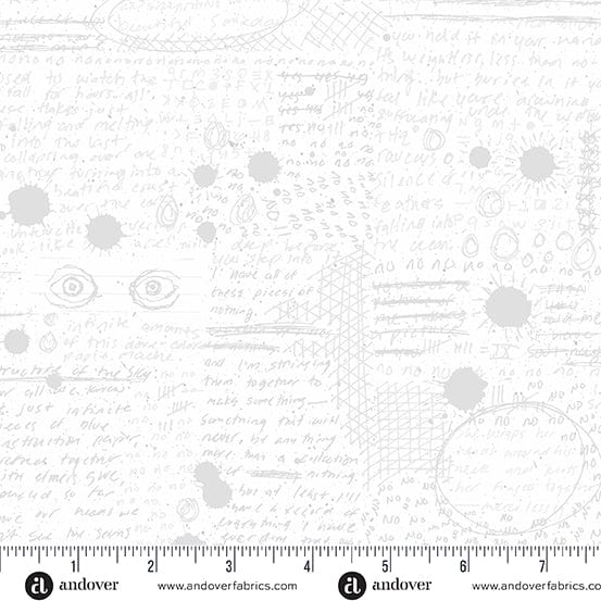 Cotton quilting fabric pattern called 'Rant in Murmur'. Part of the 'Scrawl' fabric collection. Designed by Giucy Giuce for fabric company Andover Fabrics. SKU: A-456-L. 44-45 inch width.