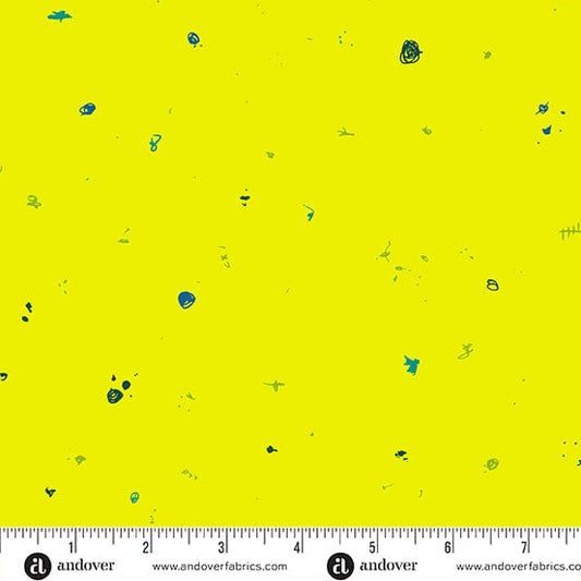 Cotton quilting fabric pattern called 'Motley in Dayglow'. Part of the 'Scrawl' fabric collection. Designed by Giucy Giuce for fabric company Andover Fabrics. SKU: A-880-Y1. 44-45 inch width.
