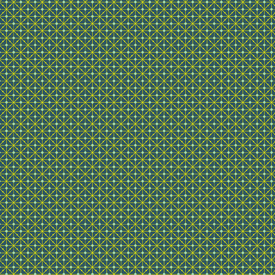 Cotton quilting fabric pattern called 'Matrix in Kingfisher Bird'. Part of the 'Fabrics from the Attic' fabric collection. Designed by Giucy Giuce for fabric company Andover Fabrics. SKU: A-9981-B. 44-45 inch width.