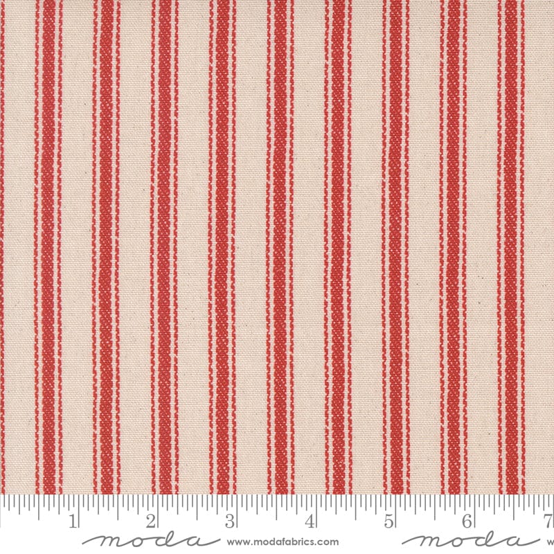 Cotton quilting fabric pattern called 'Stripe Cotton Canvas in Tomato'. Part of the 'Farm and Garden' fabric collection. Designed by Cathe Holden for fabric company MODA. SKU: 7483 14C. 44-45 inch width.