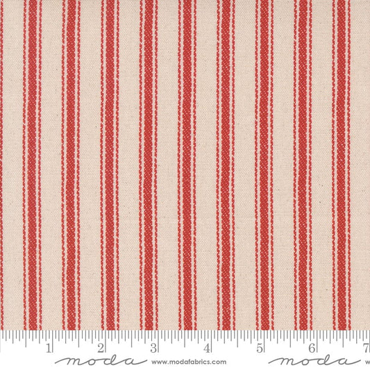 Cotton quilting fabric pattern called 'Stripe Cotton Canvas in Tomato'. Part of the 'Farm and Garden' fabric collection. Designed by Cathe Holden for fabric company MODA. SKU: 7483 14C. 44-45 inch width.