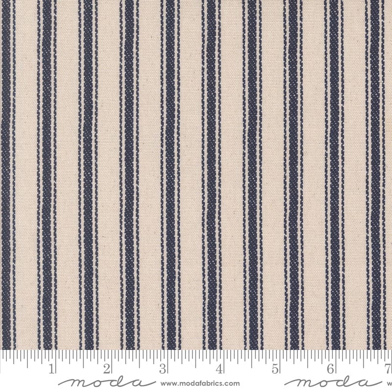 Cotton Canvas quilting fabric pattern called 'Stripe Cotton Canvas in Indigo'. Part of the 'Farm and Garden' fabric collection. Designed by Cathe Holden for the MODA fabric company. SKU: 7483 16C. 44-45 inch width.