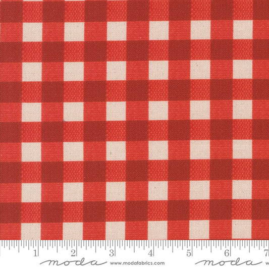 Cotton Canvas quilting fabric pattern called 'Gingham Cotton Canvas in Tomato'. Part of the 'Farm and Garden' fabric collection. Designed by Cathe Holden for the MODA fabric company. SKU: 7484 14C. 44-45 inch width.