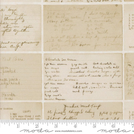 Cotton quilting fabric pattern called 'Recipe Cards in Milk'. Part of the 'Farm and Garden' fabric collection. Designed by Cathe Holden for fabric company MODA. SKU: 2040186. 44-45 inch width.