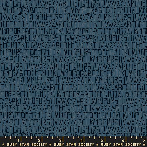 Alphabet in Prussian quilting fabric, part of the Memento fabric collection by Ruby Star Society (SKU: RS8002 18)