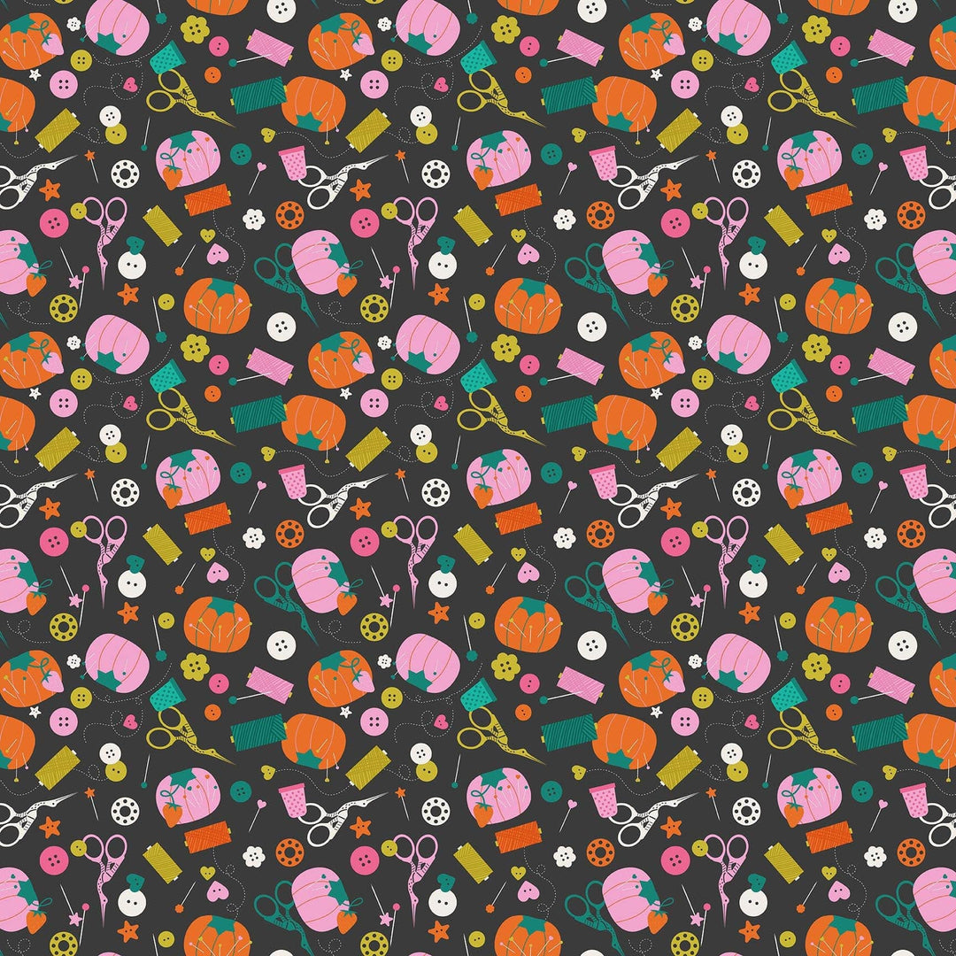 Notions in Black quilting fabric, part of the Bits & Bobs fabric collection by Sarah Hearts (SKU: 91263-99)