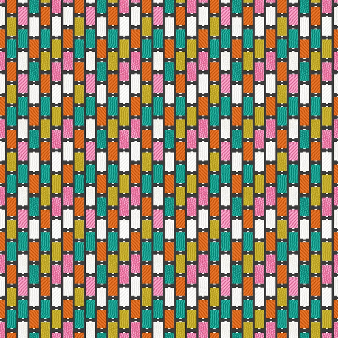 Spools in Black quilting fabric, part of the Bits & Bobs fabric collection by Sarah Hearts (SKU: 91264-99)