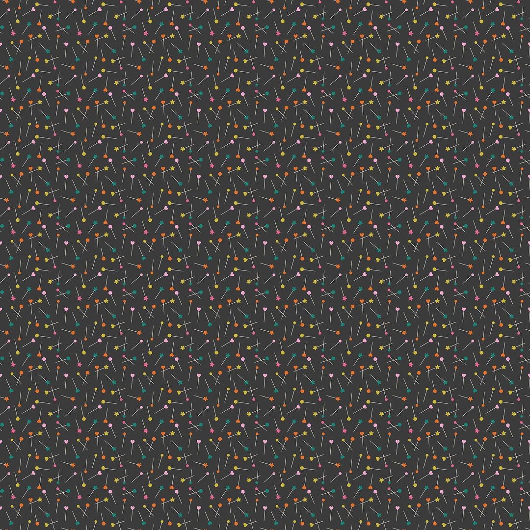 Pins in Black quilting fabric, part of the Bits & Bobs fabric collection by Sarah Hearts (SKU:91265-99)