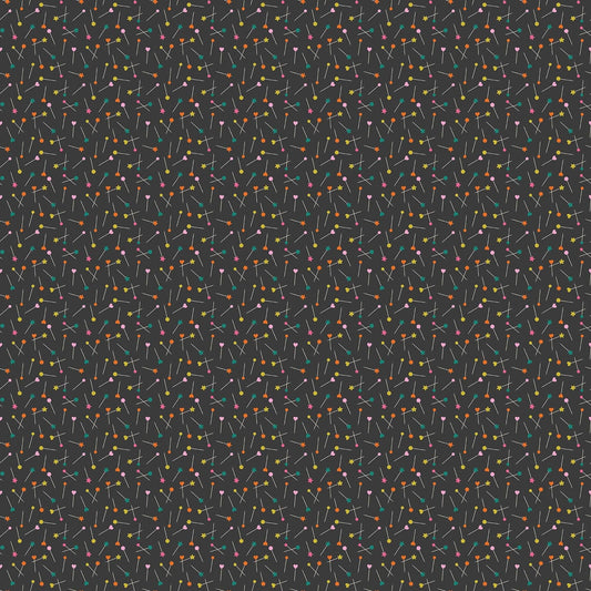 Pins in Black quilting fabric, part of the Bits & Bobs fabric collection by Sarah Hearts (SKU:91265-99)