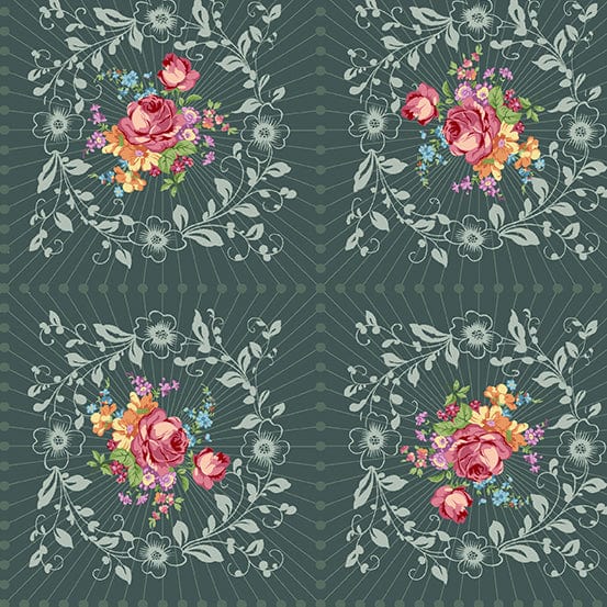 Cotton quilting fabric pattern called 'Wreath in Slate'. Part of the 'Nonna' fabric collection. Designed by Giucy Giuce for fabric company Andover Fabrics. SKU: A-9873-B. 44-45 inch width.